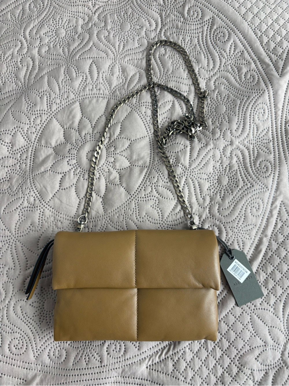 NWT ALL SAINTS EZRA QUILT CHAIN CROSSBODY LEATHER CLUTCH BRONZE GREEN